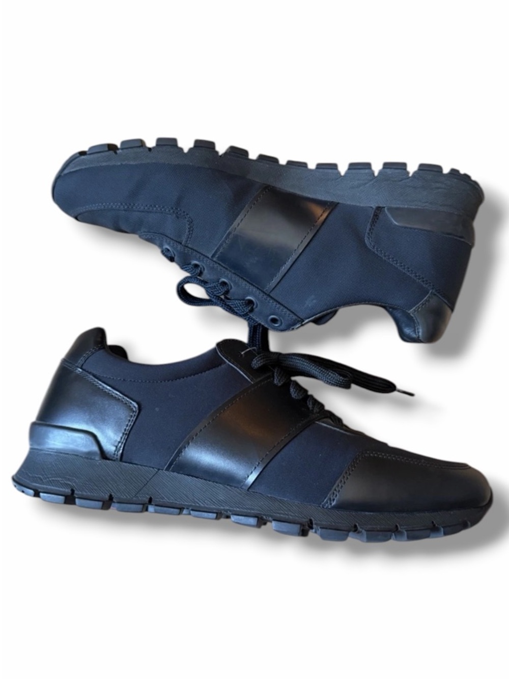 PRADA Sport Black Leather Textile Sneakers Men’s Low Top Lace Up 2718 AF  | 8.5